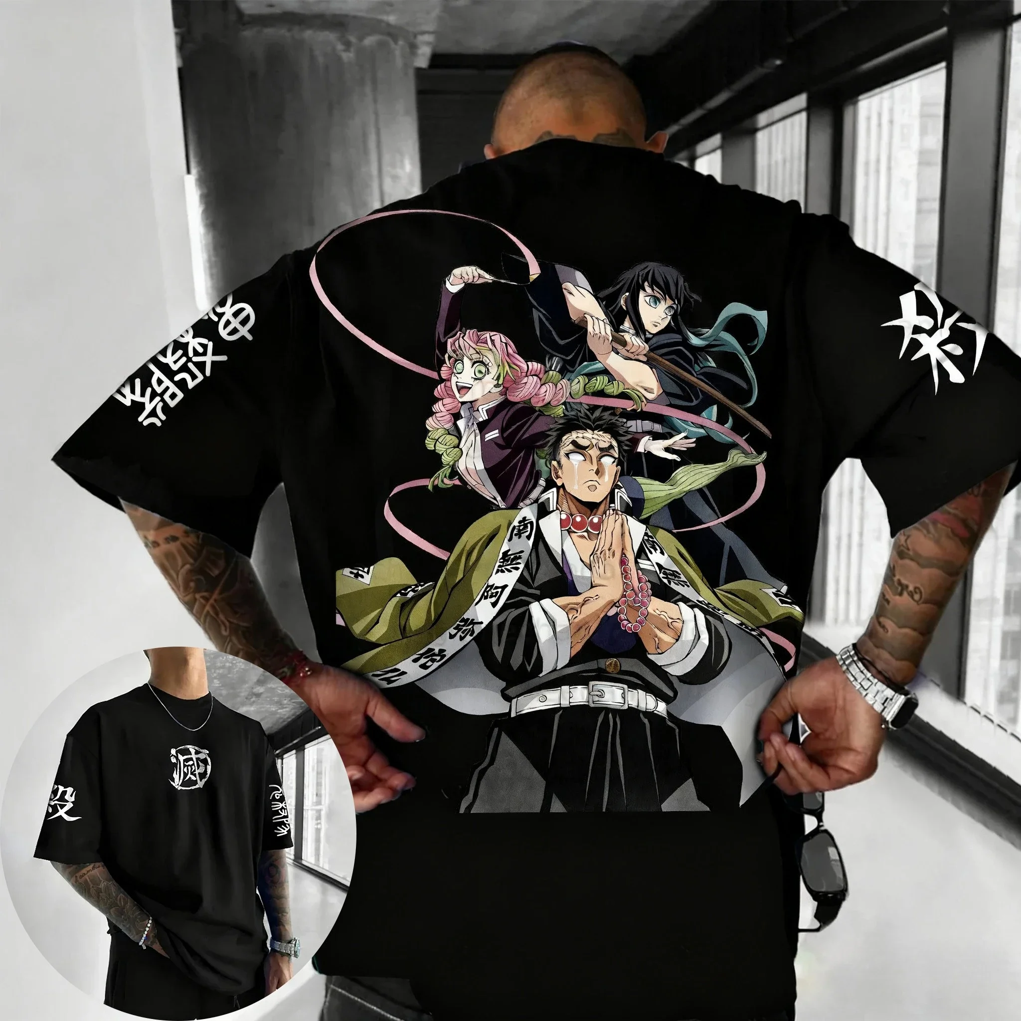 Bandai New Demon Killer Nezuko Charcoal Man Character Printed Short Sleeve T-Shirt Men's and Women's Casual Loose Plus Size Top
