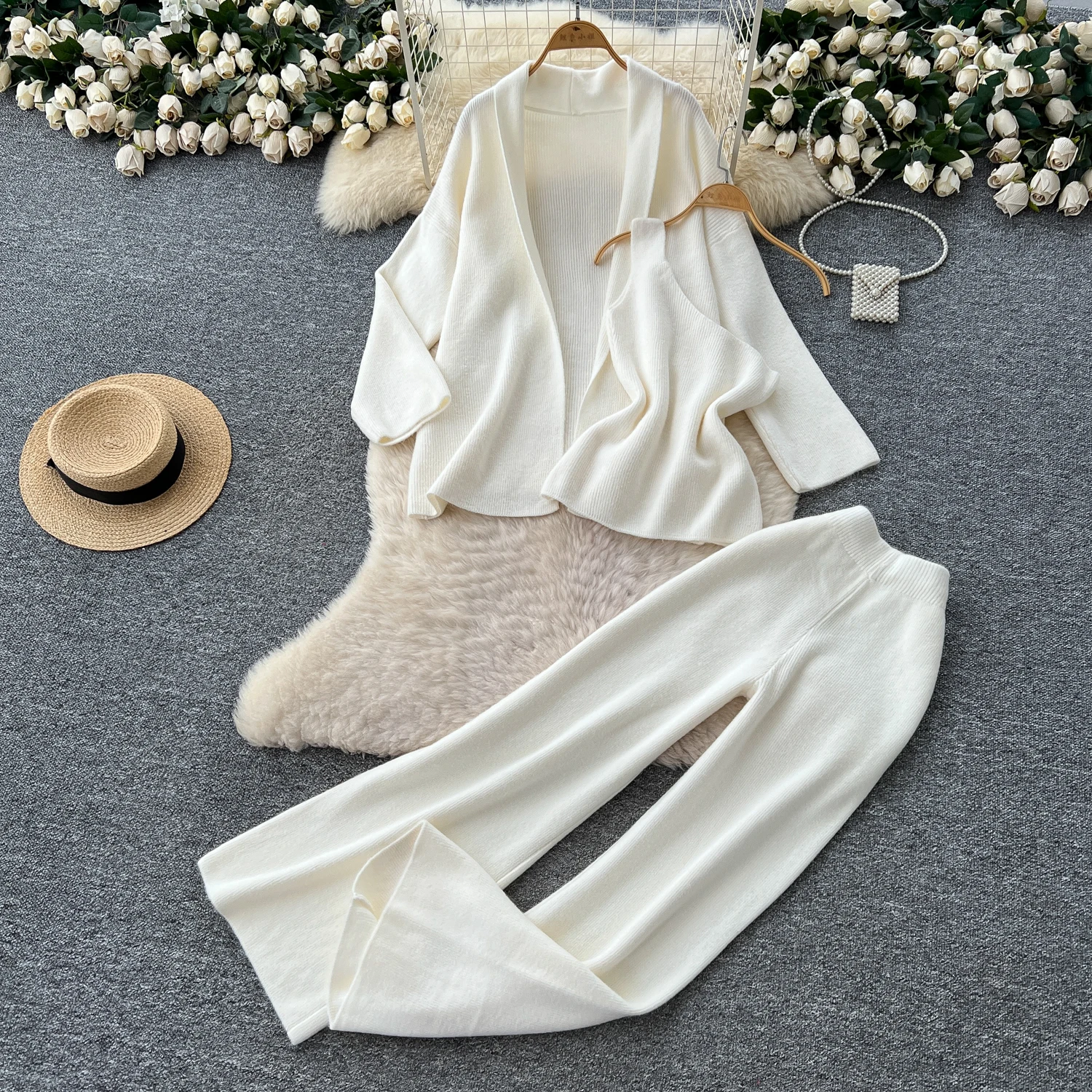 

SuperAen Korean Style Knit Simple Loose Long-sleeved Cardigan Sweater Short Tops High-waisted Knitted Long Pants Sets