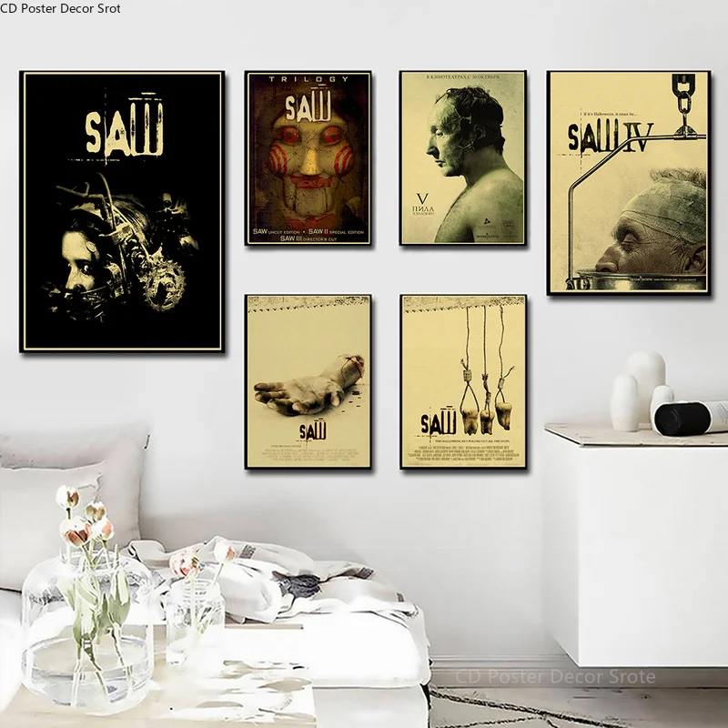 Horror Movie Saw Poster Film Retro Kraft Paper Posters DIY Vintage Home Room Bar Cafe Cinema Decor Aesthetic Art Wall Painting