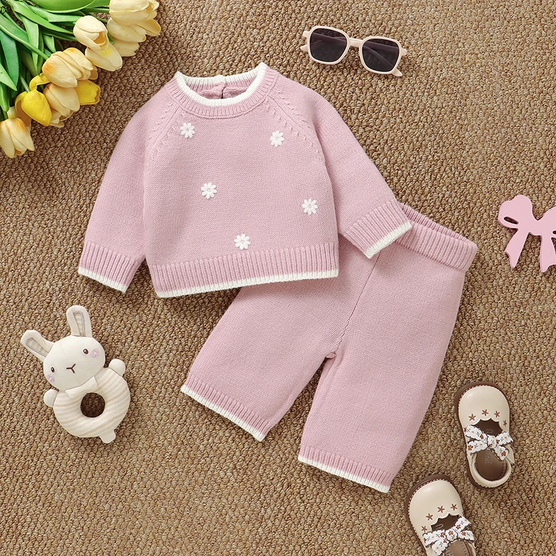 

Комплекты одежды для девочек 0-9 месяцев: розовые повседневные костюмы с длинным рукавом (свитер, рубашка) и брюки для младенцев, весна-осень-зима, наряд для малышей