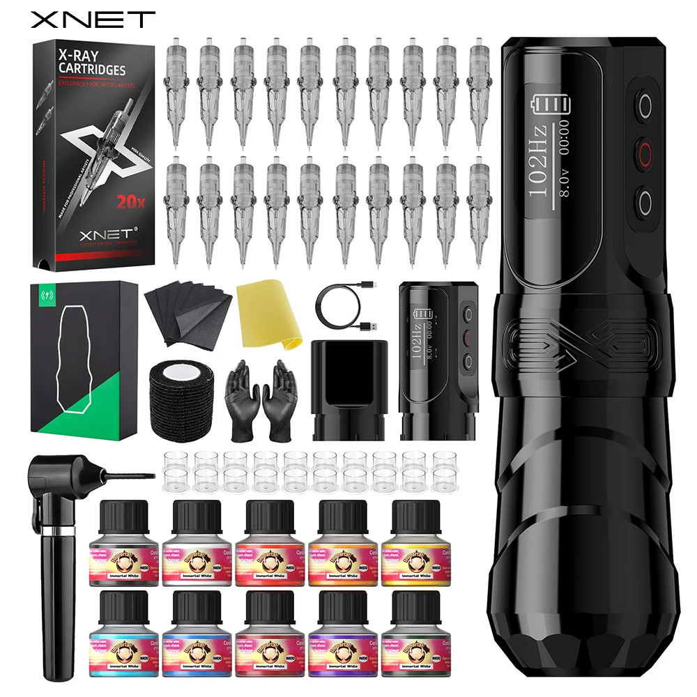 XNET FLUX MAX Wireless Tattoo Machine Kit Rotary Tattoo Pen With Ink Sharker Extra 2400mAh Power 20Pcs Cartridges for Tattoo Art