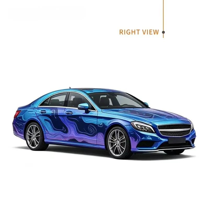 Custom Printed Car Wrap Vinyl Iridescent Coral Blue Gradient Wave Pattern Film for CLS Full Body Color Change