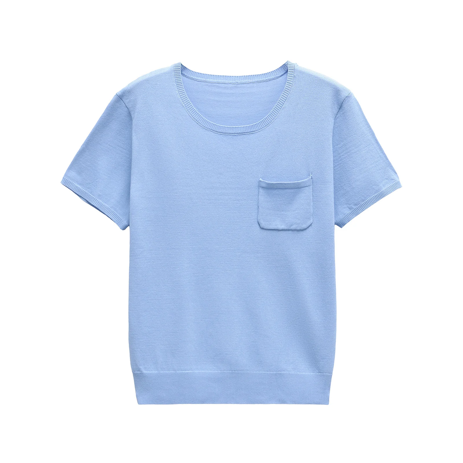 

Summer Women's Solid T-Shirt Silk Cotton Blended Round Neck Short-Sleeved Chest Flap Pocket Pants Simple Summer New Top