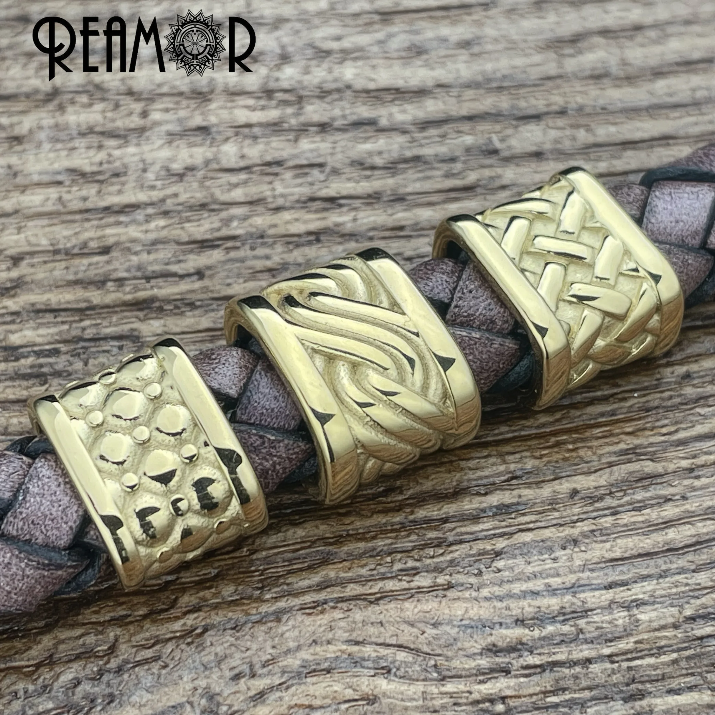 REAMOR 3pcs Gold Color Stainless Steel Geometry Weave Texture Beads 12x6mm Square Hole Punk Bead Fit Jewelry Making Accessories