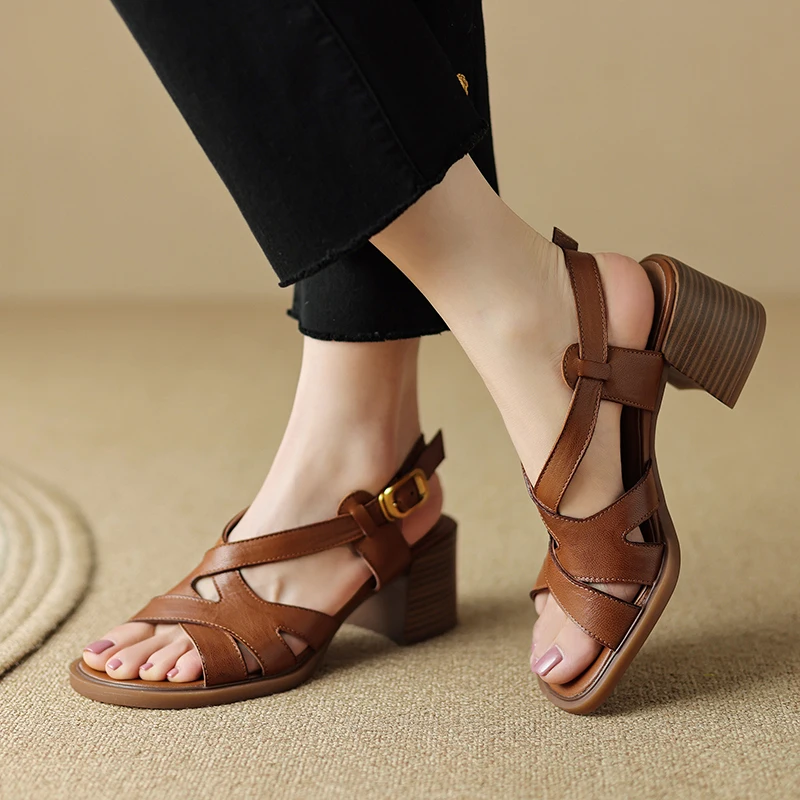 2023 Summer Fashion New Arrival Women Sandals Genuine Leather Thick Heels Party Office Ladies Casual High Heel Pumps Shoes Woman