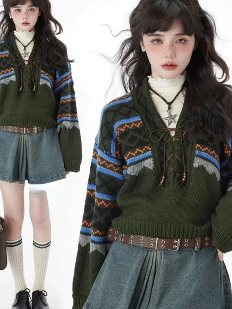 2024 Autumn Women Contrast Color Patchwork Sweater Casual Grunge Bandage Pullovers Aesthetic Harajuku Vintage Loose Streetwear