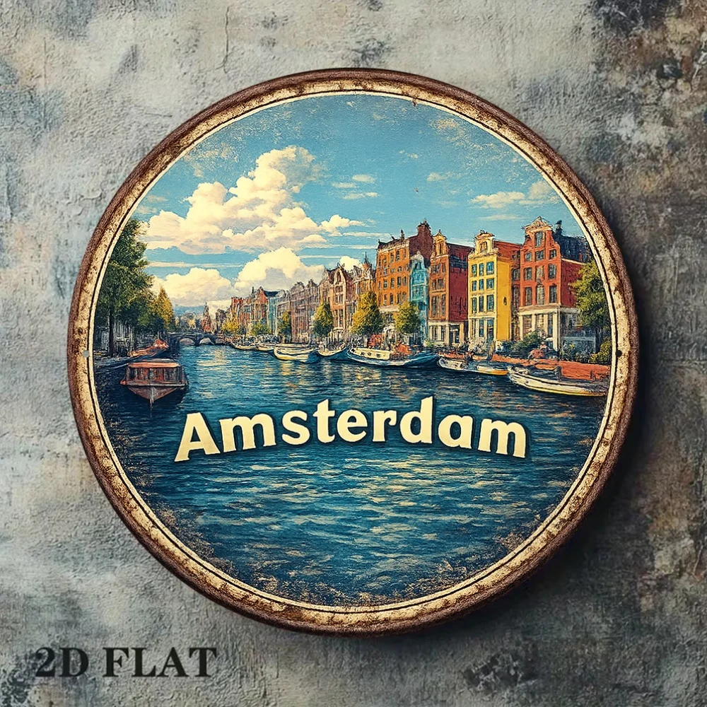 1pc 8*8In/20X20Cm 2D Flat Round Sign, Vintage Plaque of Amsterdam Canal Scenery, Dutch City Architectural Decoration Sign, Suita