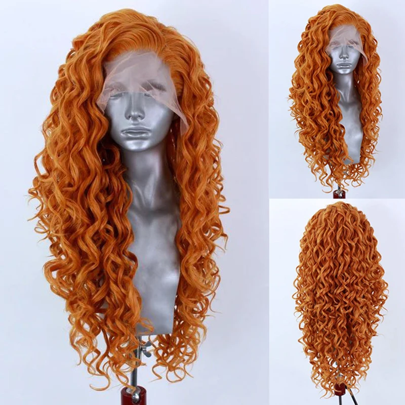 AIMEYA Orange Long Curly Lace Wig Cosplay Wig Halloween Synthetic Long Hair Role Play Wig Heat Resistant Synthetic Hair Costume