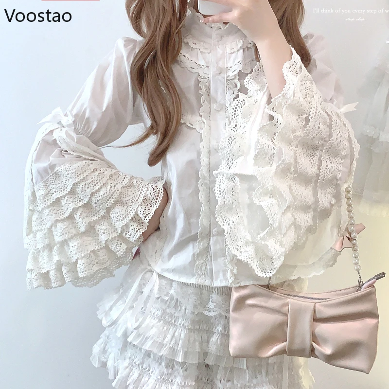 Victorian Gothic Lolita Shirts Women Vintage Sweet Lace Ruffles Bow Flare Sleeve Blouses Girls Harajuku Y2k Blusas Mujer Tops