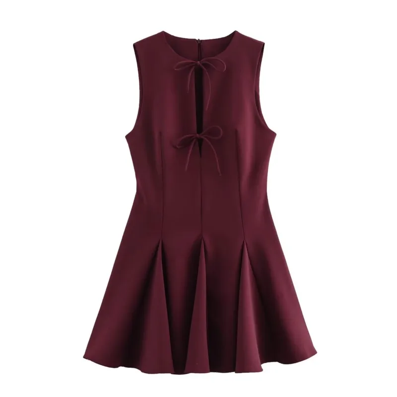 TRAF Women Bow Mini Dress Spring Fashion Sleeveless Pleated Women's Midi Dress Side Zipper Dresses Casual Female Short Dress