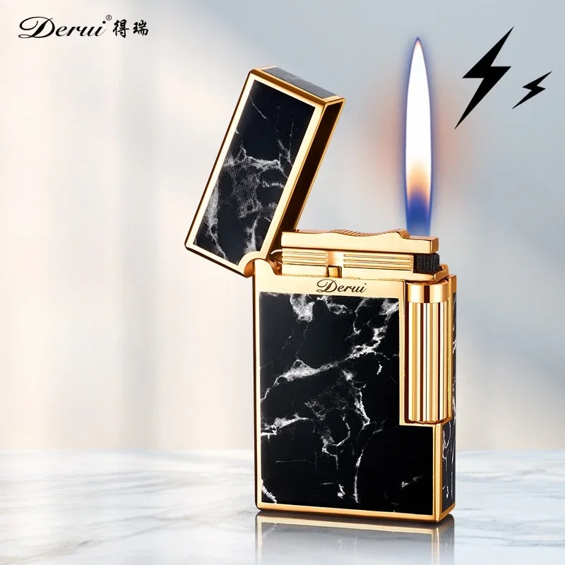 DERUI Metal Loud Voice Inflatable Lighter Sideslip Grinding Wheel Ignition High Grade Fashion Marble Pattern Gas Lighters Gadget