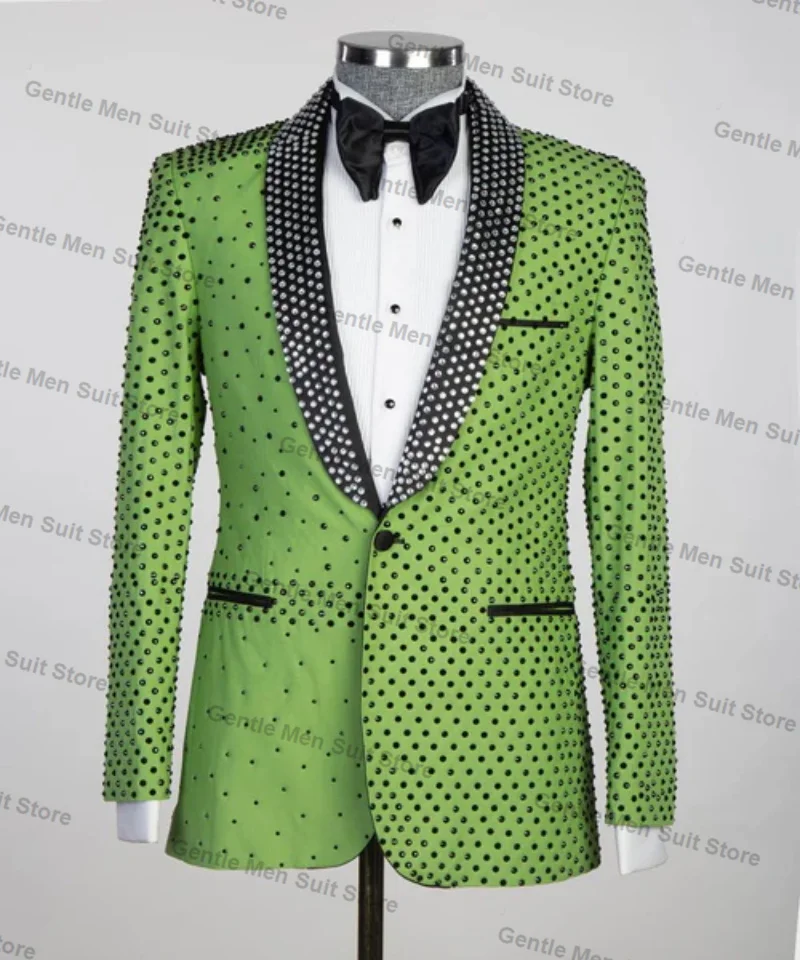 Green Men Suits Set 2 Piece Blazer+Black Pant Luxury Crystals Wedding Tuxedo Coat Customized Formal Office Cotton Jacket Trouser