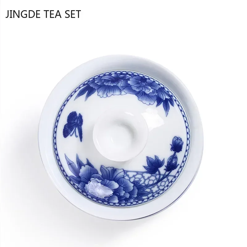 Jingdezhen White Porcelain Gaiwan Tea Cup Blue and White Porcelain Tea Maker Ceramic Handpainted Tea Bowl Tea Set Supplies