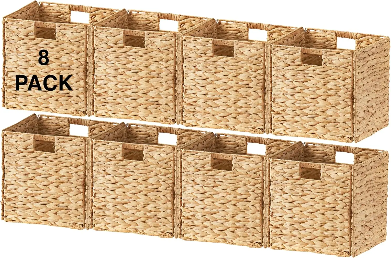 Collapsible Water Hyacinth Storage Baskets Set of 8 with Sturdy Handles, Handwoven Natural Wicker Foldable Home Organizers for Closet Pantry Bathroom