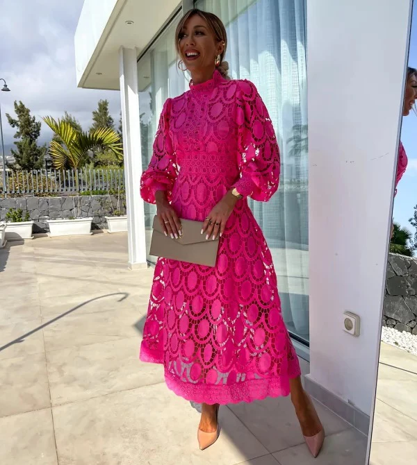 ZAROY Lace A-line Long Dresses Women Autumn Bubble Sleeve Stand Collar Wrap Waist Dress French Luxury Party Evening Vestidos