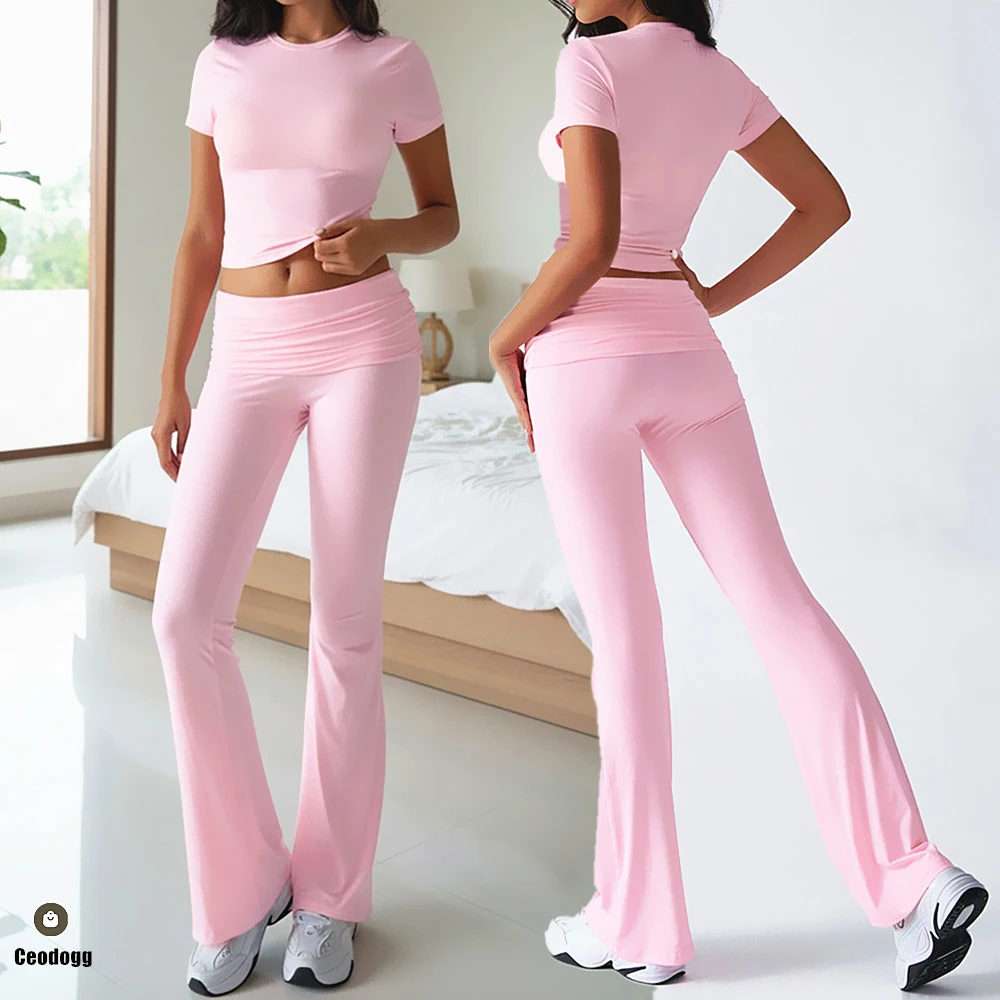 Fold 2PCS Yoga Set Women Short Sleeve Crop Top Fitness High Waist Flare Legging Fitness Suit Workout Gym Running Tracksuit XP117