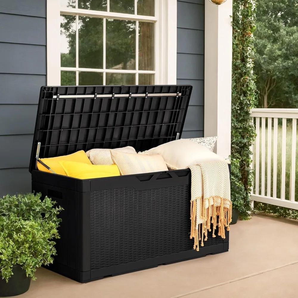 

100 gallon padded resin deck box, outdoor weatherproof large storage box, lockable courtyard furniture storage container
