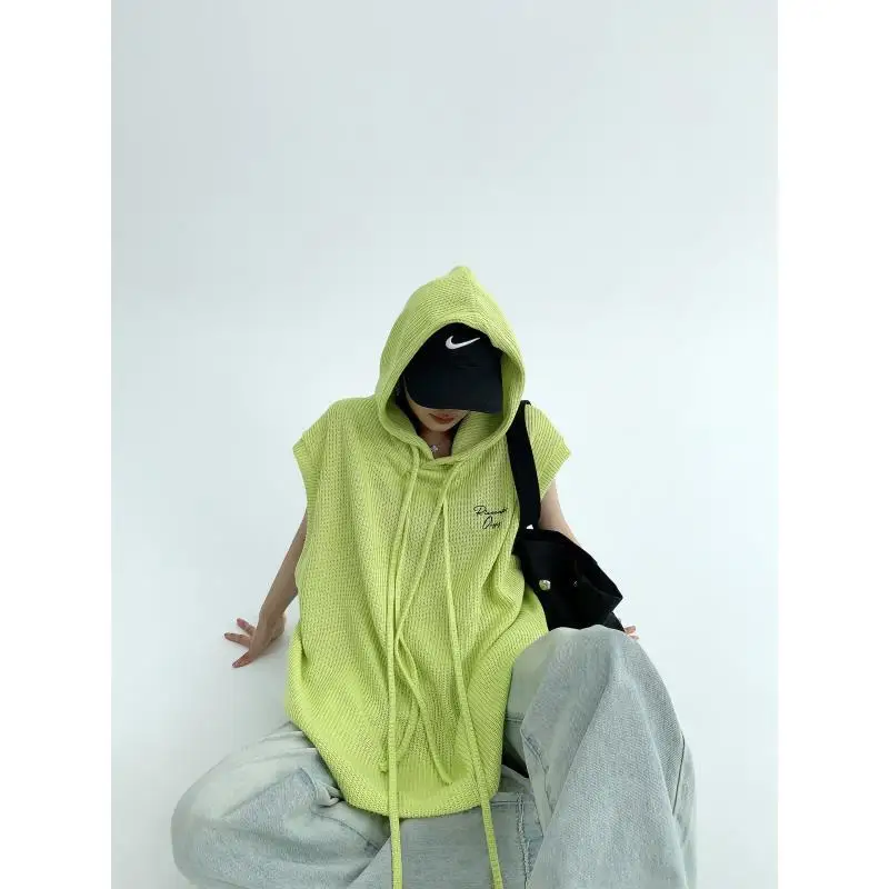 

Streetwear Women Top Hooded Embroidered Vest Sleeveless Loose Casual Neon Yellow Knit Top Summer Fashion T-shirt Women