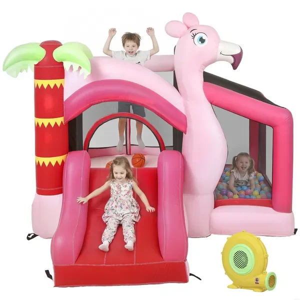 

Inflatable House with Ball Pool, Basketball Hoop, Jumping Bouncy Castle with Blower for Indoor Outdoor, Pink