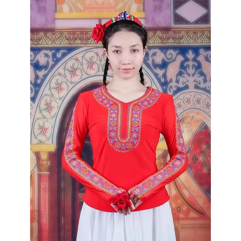 شينجيانغ أعلى العرقية المميزة المطرزة نمط الإناث الأويغور الفن امتحان ممارسة ارتداء قميص زي ساحة الرقص
