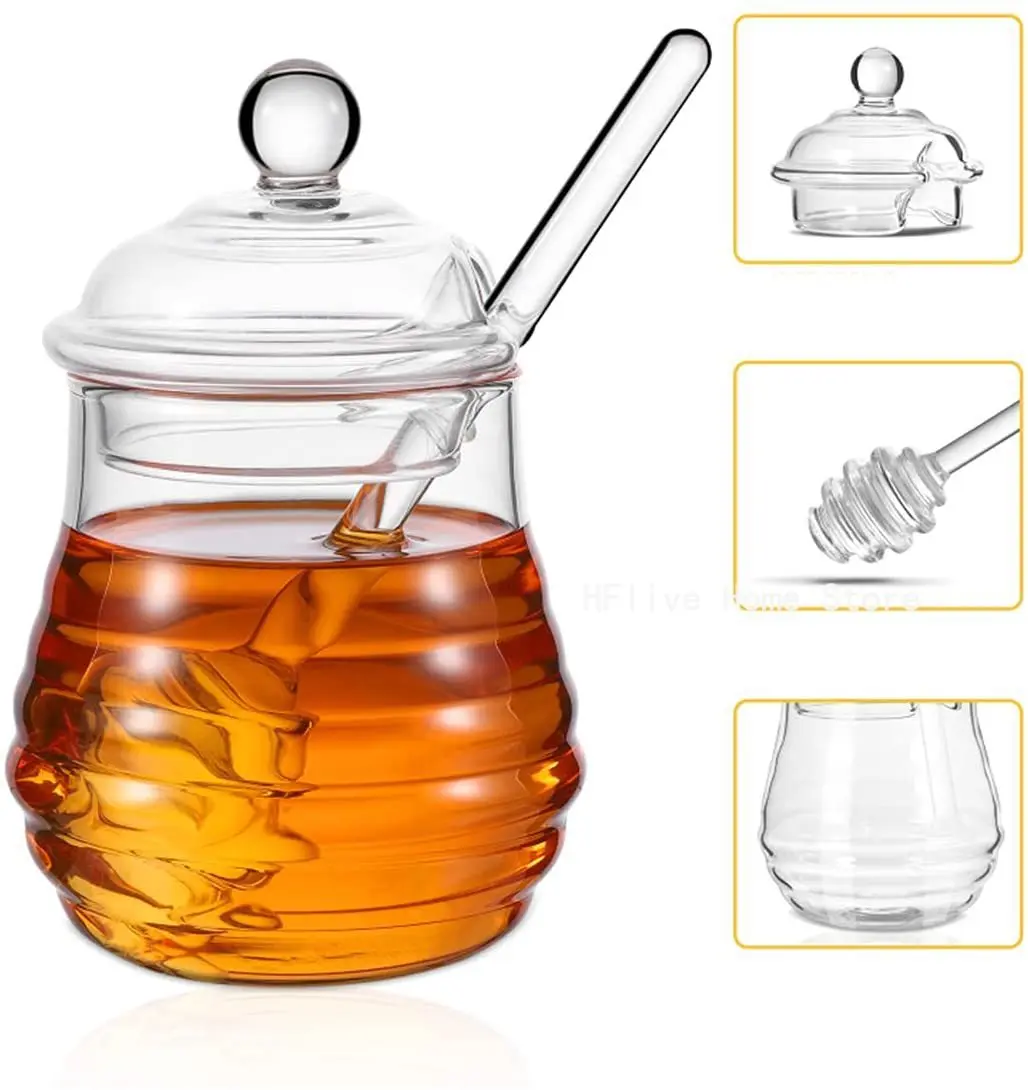 Glass Honey Jar Clear Glass Honey Pot with Dipper Spoon Small Kitchen Storage Bottle Jar Honey Server Container for Syrup