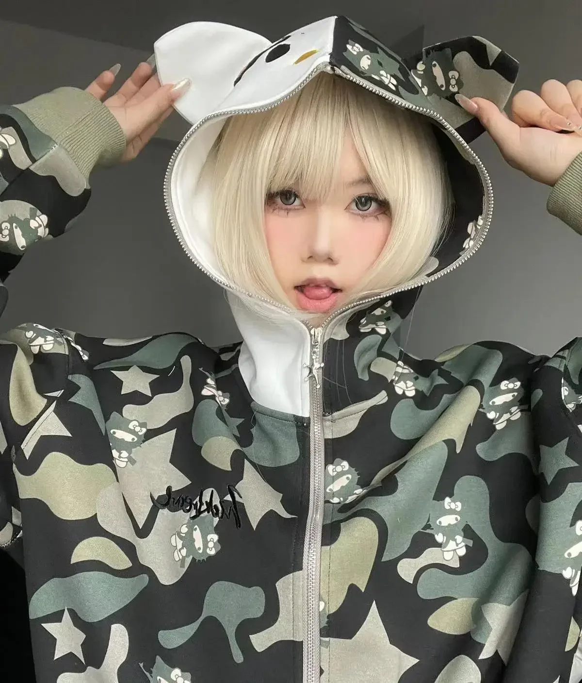 Giapponese Y2k abbigliamento Versatile felpe con cappuccio Patchwork felpa con cappuccio Full Zip Kawaii vestiti coppia Harajuku orecchie di gatto decorazione Camouflage