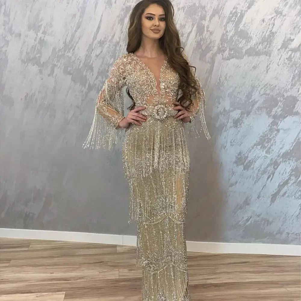 

Vestidos De Fiesta De Noche 2024 Sparkly Arabic Mermaid Prom Dresses Long Sleeves Shiny Tassels Beaded Chic Evening Gowns Women