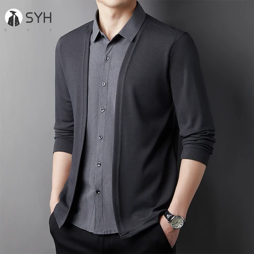 Imagen 2 del producto Camisa informal de manga larga para hombre, cárdigan falso de dos piezas cómodo para exteriores, versión coreana, Top versátil de moda de Color sólido