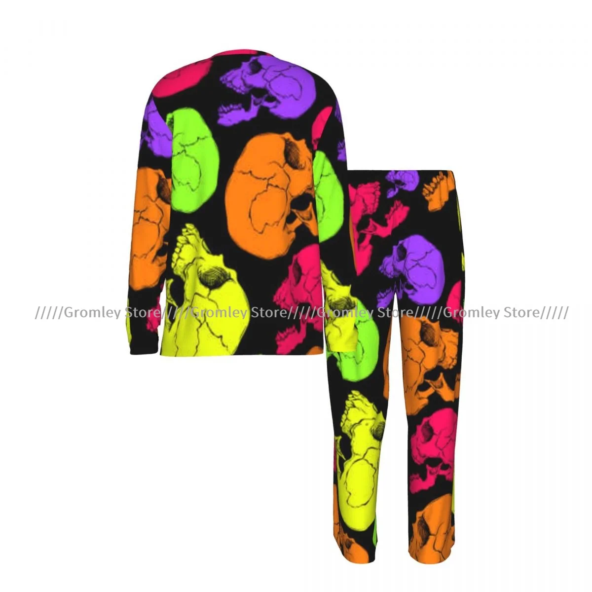 Men's Pajama Set Long Sleeve and Long Pants Frightening Skull In Cartoon Style Soft Sleepwear for Home