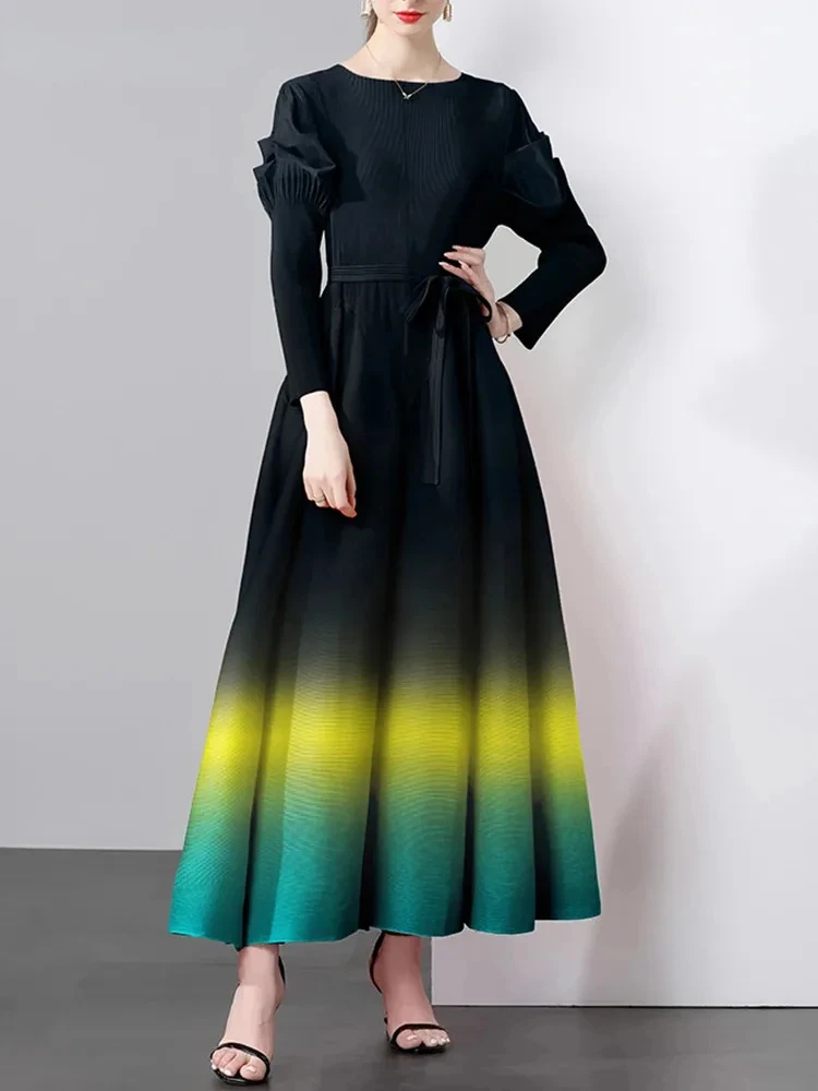 ANLAN Pleated Color Block Dress Women A-line Round Collar Medium Long Elegant Lady Evening Party 2024 New Clothing 6CAD230