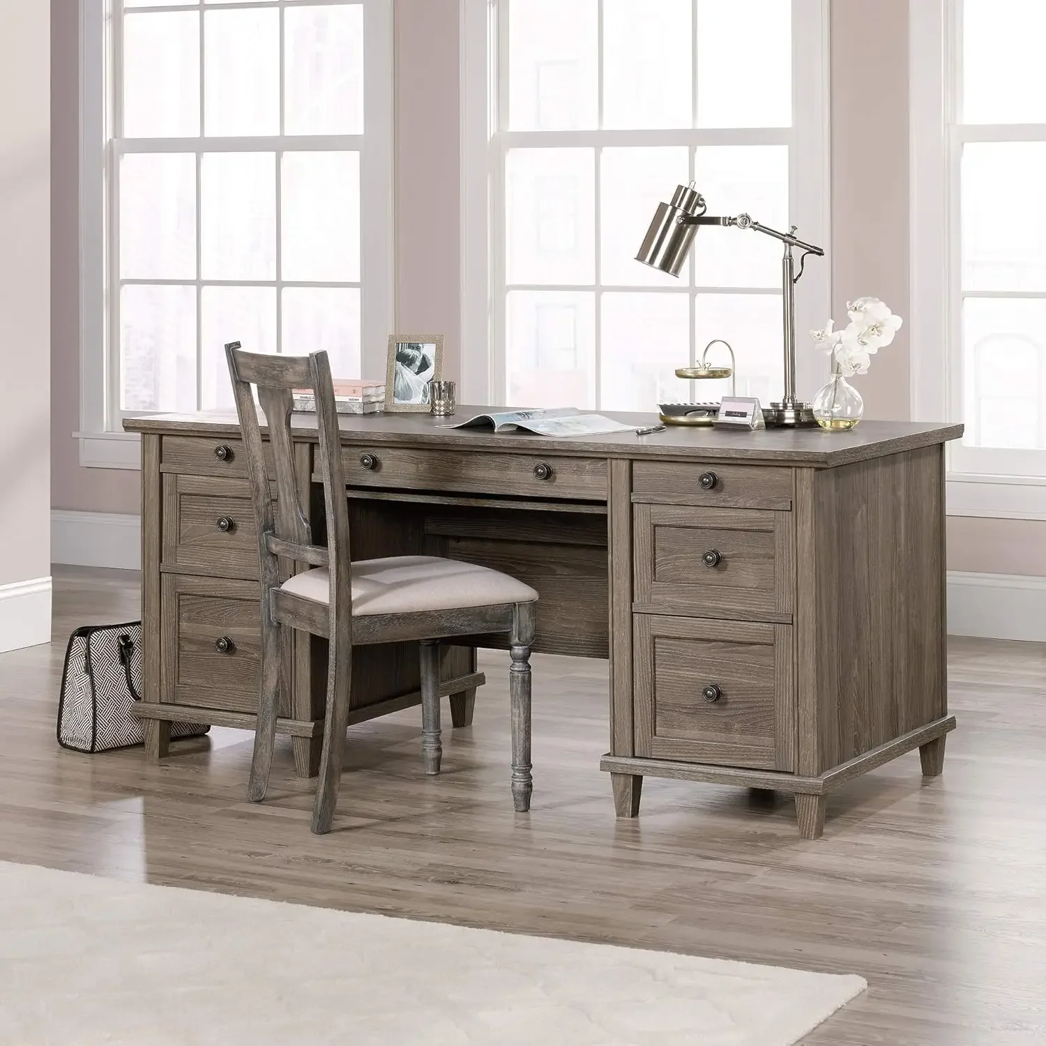 Executive Desk, Emery Oak Finish Drawers feature full extension slides Center drawer has flip-down front for keyboard/mouse