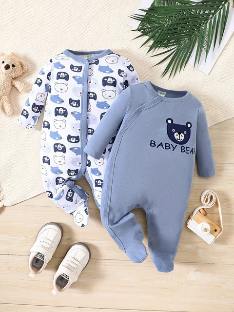 2-Picec Baby Four Seasons Tie Feet Bodysuit dla chłopców Little Bear Creative Baby Cute Bodysuit wykonane z czystej bawełny, miękkie i wygodne
