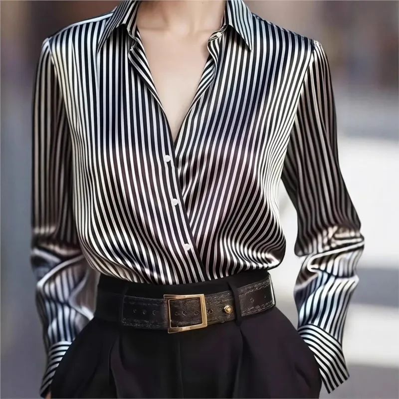 2023 Zomer Dames Satijn Casual Shirt Gestreept Borduren Lente Herfst Nieuwe Stijl Veelzijdige Comfortabele Dames Button Up Top