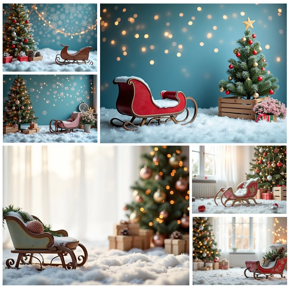

MOON.QG Xmas Trees Backdrops For Photography Sleigh Snow Carpet Christmas Interior Backgrounds Decoration Photo Booth Photocall