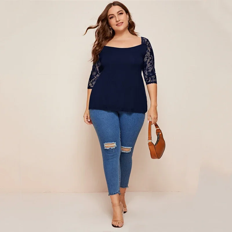 Plus Size Sexy elegante moda pizzo Top donna mezza manica solido blu estate primavera guaina a-line t-shirt camicetta 5XL 6XL 7XL 8XL