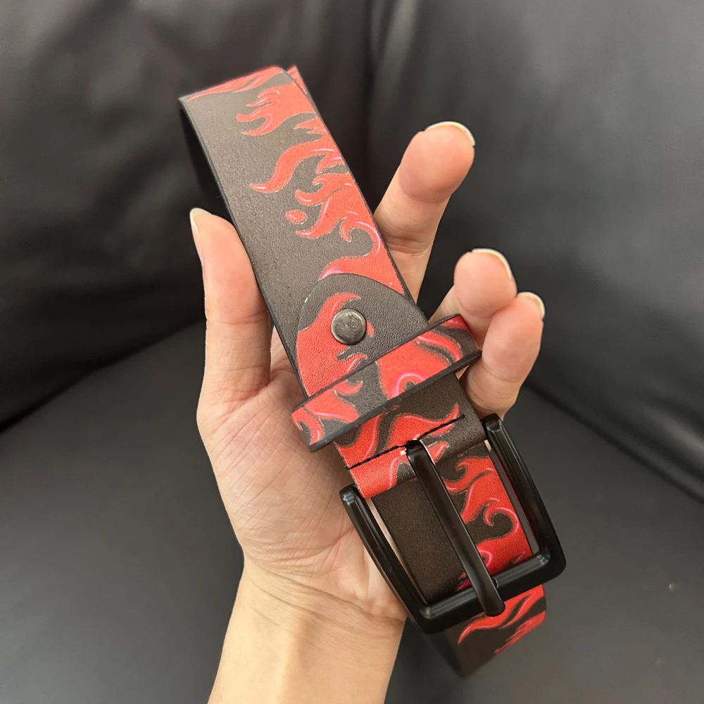 Original Y2K Flame Graffiti Print PU Leather Belt Punk Street Rock Men's Trendy Belt Party Gathering Jeans Cool Accessory Belt