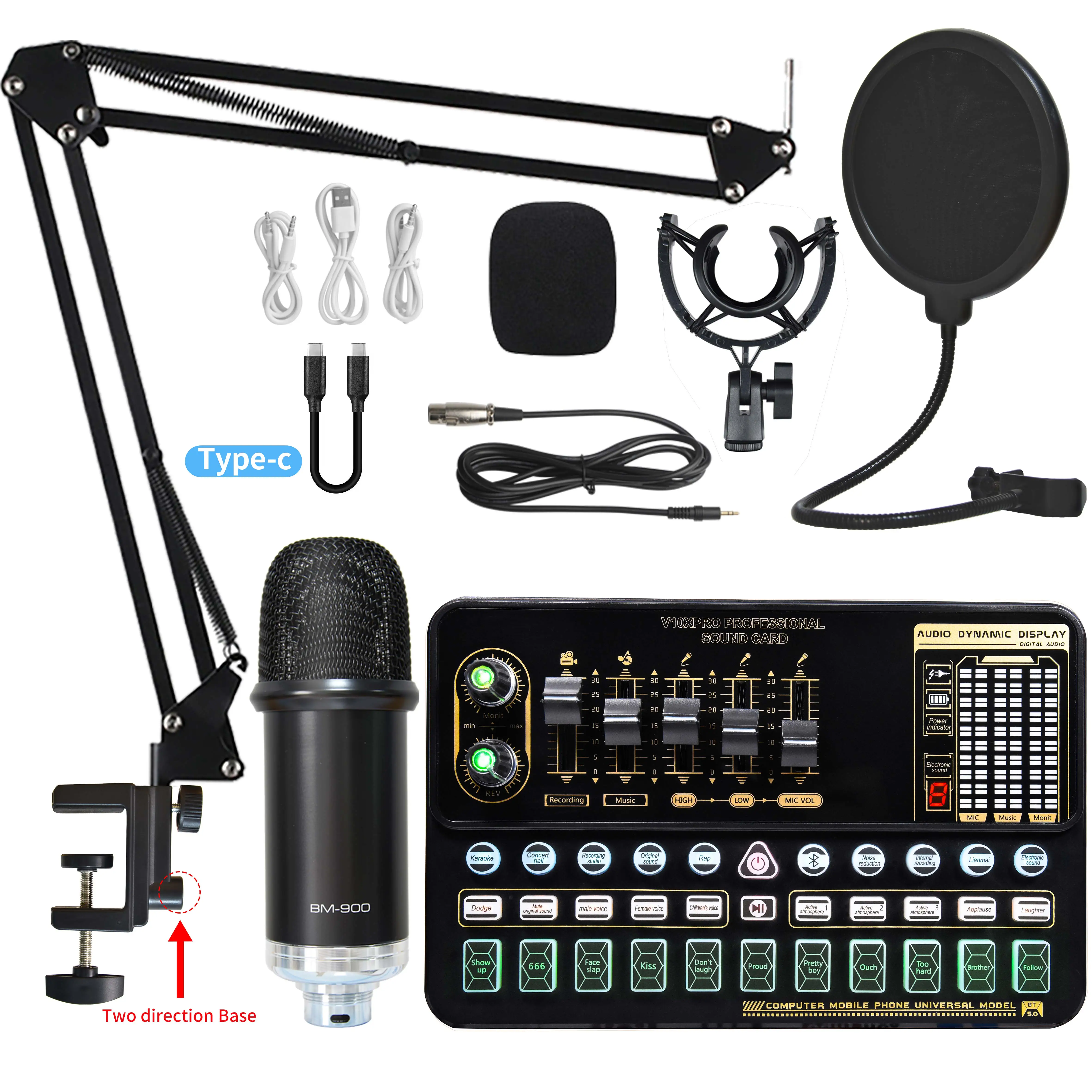 Condenser Microphone Bundle Sound Card Kit with Adjustable Mic Suspension Scissor Arm Professional Studio Wireless Karaoke MIC