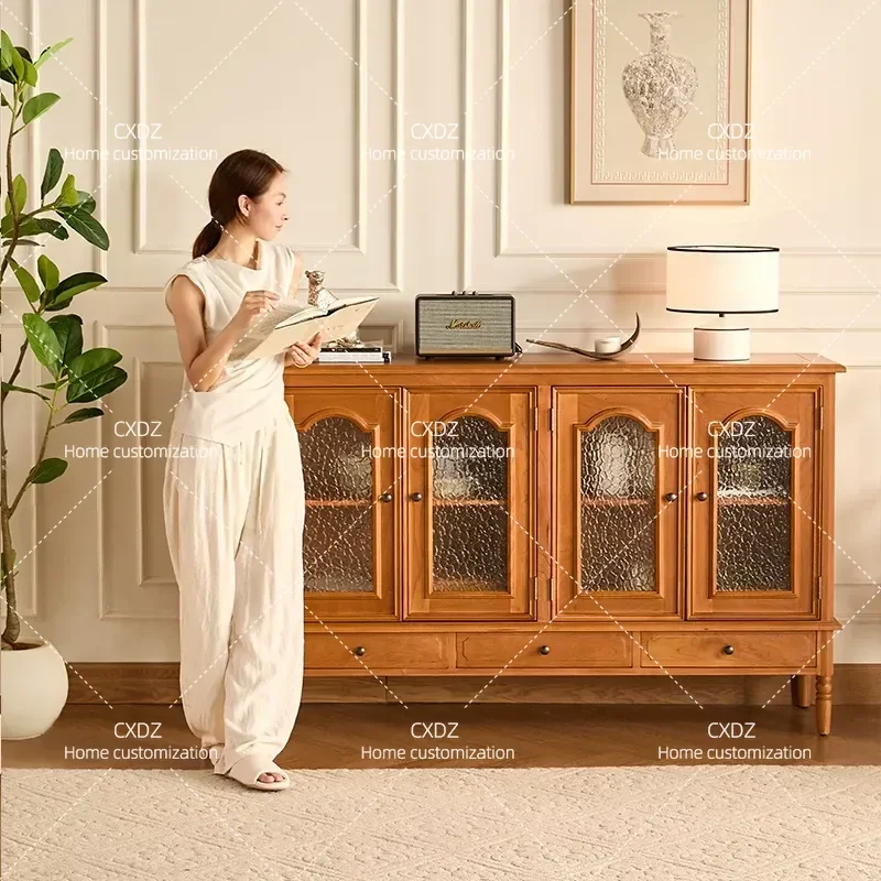 Retro Silver Glass Grain Cherry Wood Dining Side Cabinet Classic Storage Locker for Living Room Bedroom Entrance Hallway