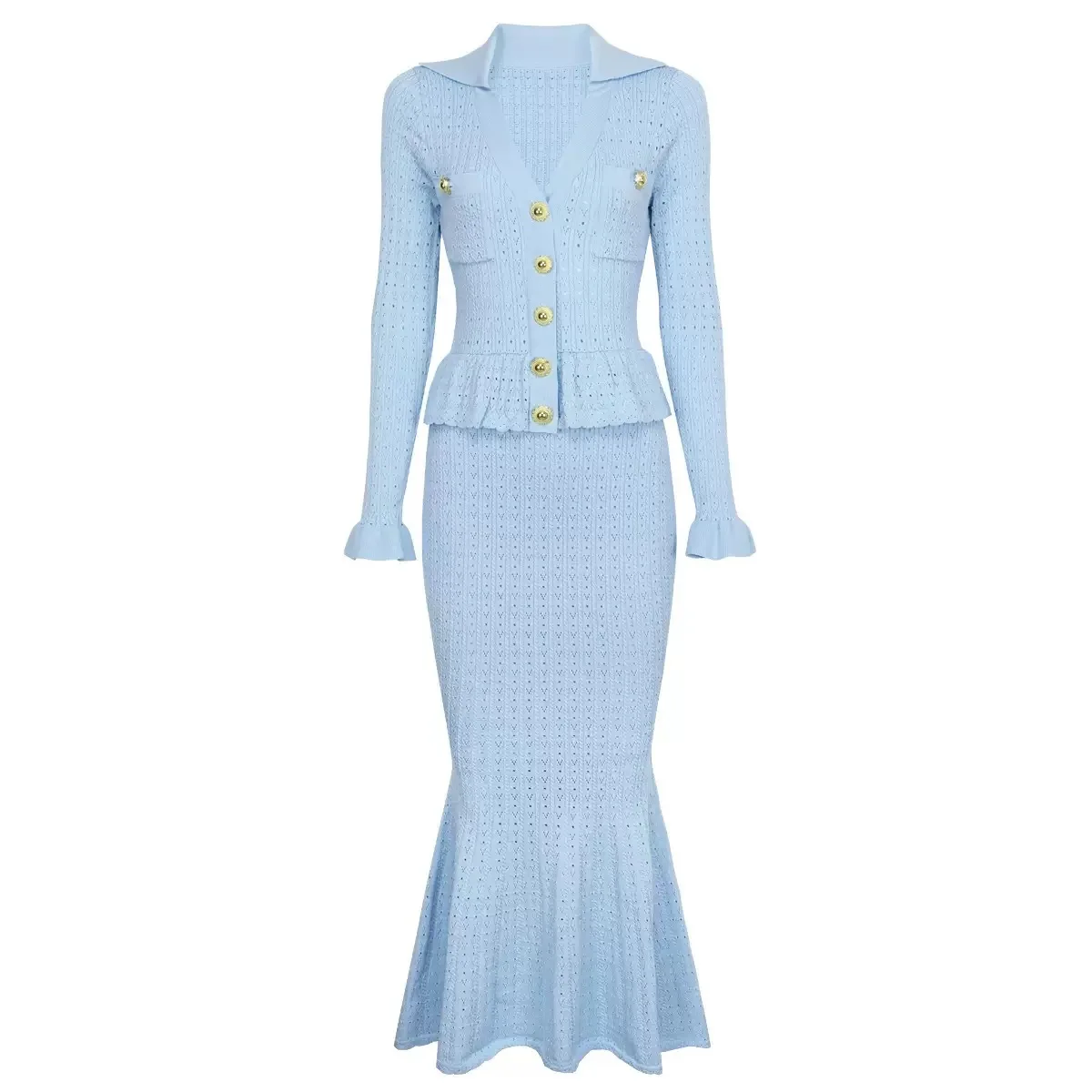 Outono oco para fora de uma peça de malha maxi vestido feminino elegante com decote em v babados cintura fina bodycon camisola vestido de festa