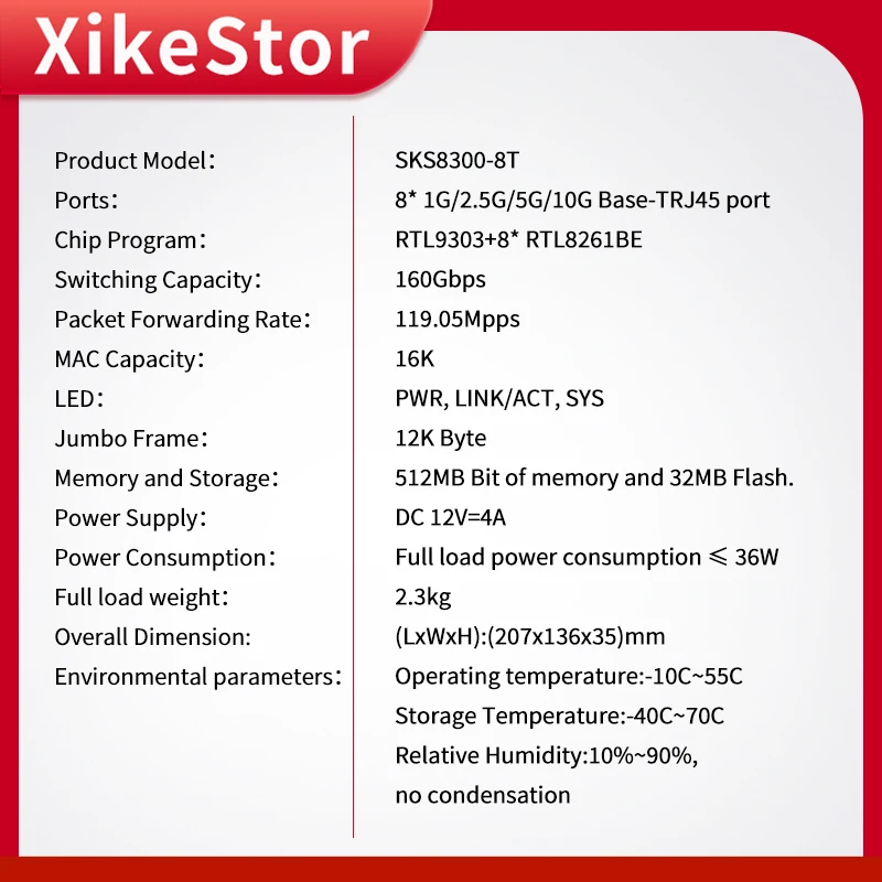 XikeStor Layer 3 Managed Ethernet Switch,8 full 10G RJ45 ports,Support static routing/vlan division,Temperature controlled fan