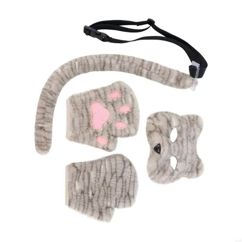 2025 New Therians Mask and Tail Gloves Halloween Cosplay Costumes Accessories Cats Mask Half Face Furs Foxes Tail Cats