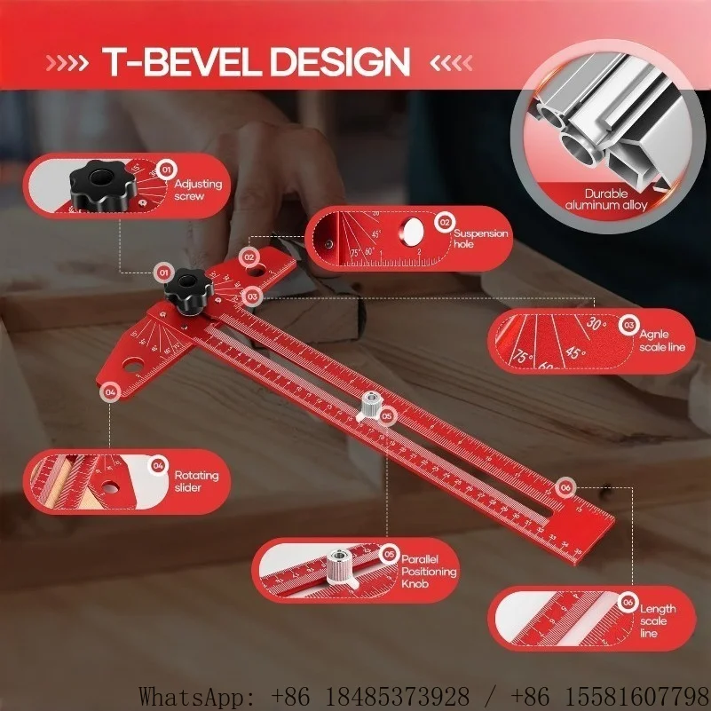 Multi functional woodworking marking ruler with adjustable aluminum alloy sliding T-shaped ruler
