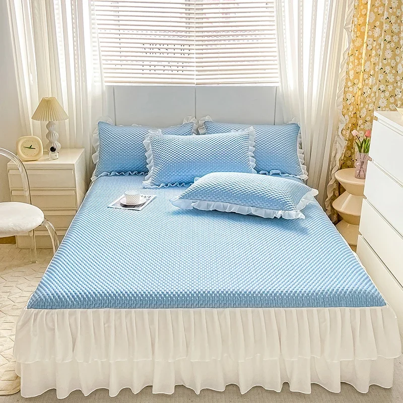 Double Layer Ruffle Bed Skirt Ice Bean Cooling Breathable Mattress Protector Single Double Thicken Soft Summer Cool Mat for Bed