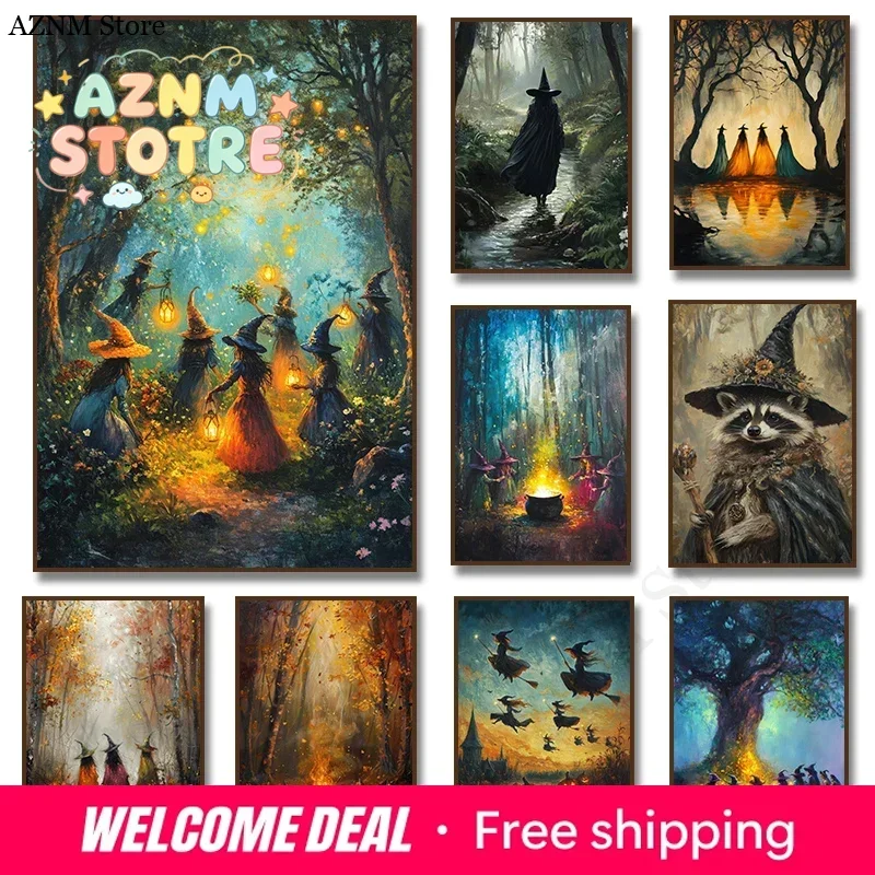 Witchy Poster Dark Academia Forest Gothic Witch Canvas Paintings Wall Art Print Picture Mystical Halloween Rustic Decor
