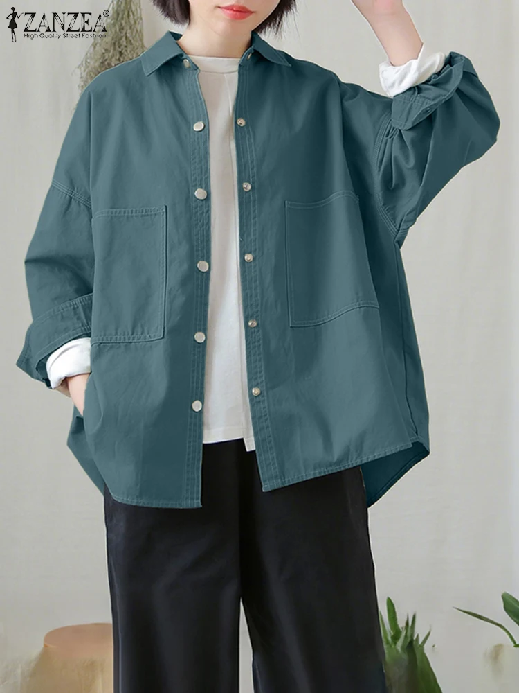

ZANZEA Women Elegant Shirts 2025 Autumn Long Sleeve Pockets Casual Tops Ladies Work Streetwear Blouse Solid Blusas Femininas