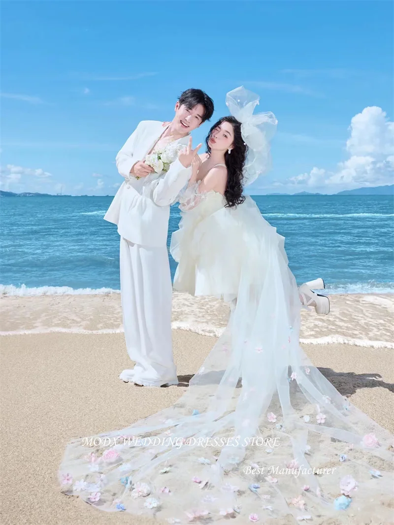 MODX الأميرة فساتين زفاف قصيرة كوريا التقطت الصور السباغيتي الأشرطة الحبيب رقيق زي العرائس نفخة الأكمام فستان عروس