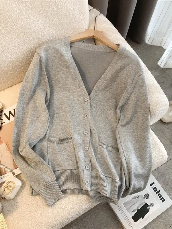 

Весенний модный вязаный свитер большого размера для женщин: простой, универсальный, с длинным рукавом, V-образным вырезом, на пуговицах, с круглым вырезом горловины