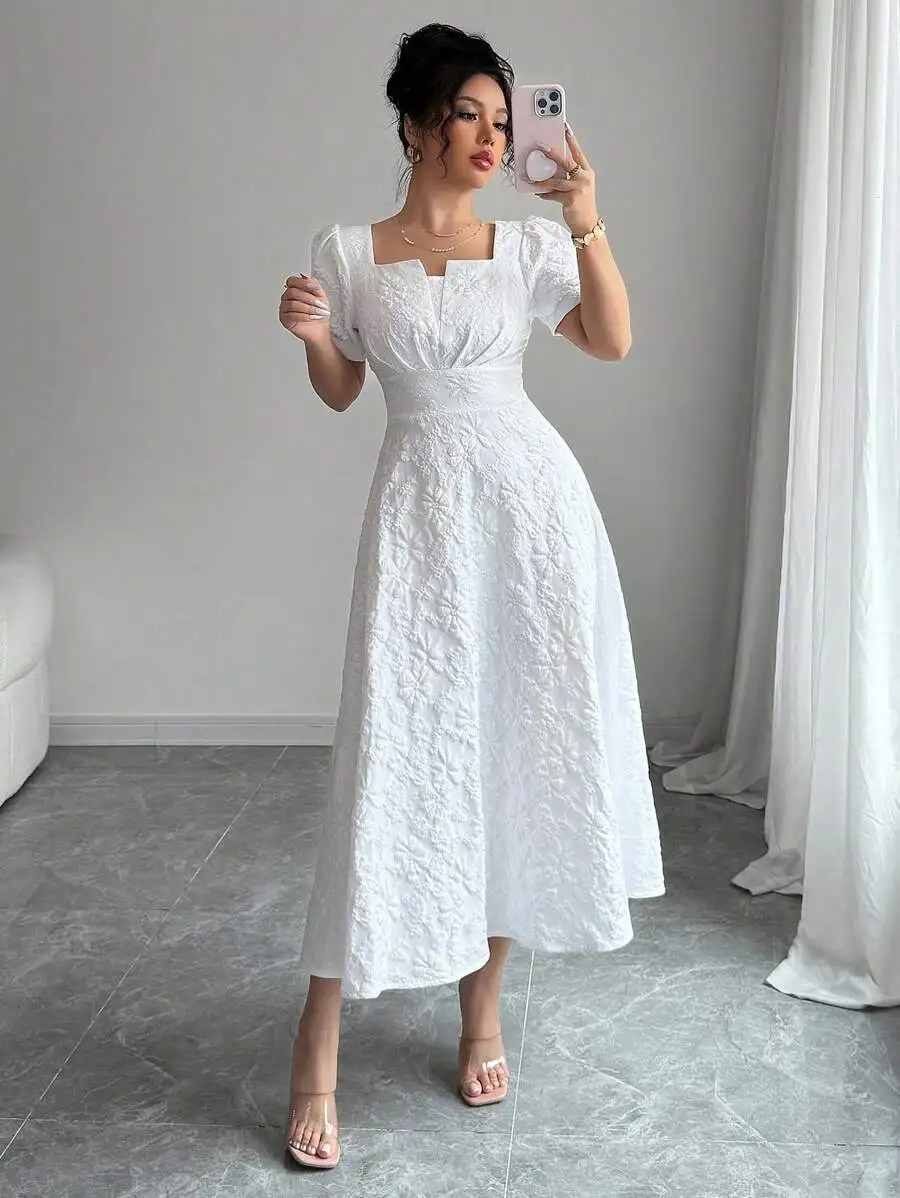 

Women's White Embroidered Square Neck Midi Dress with Puffed Sleeves