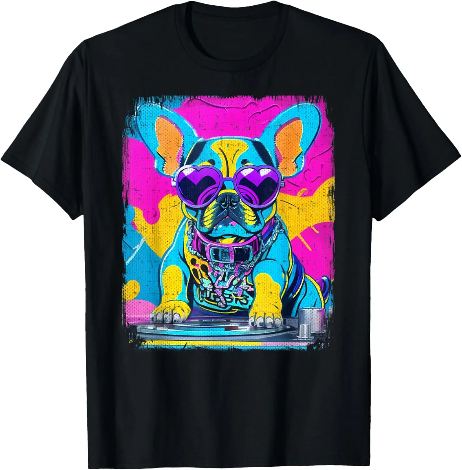 Airbrush Graffiti 90s DJ Analogue Turntable French Bulldog T-Shirt