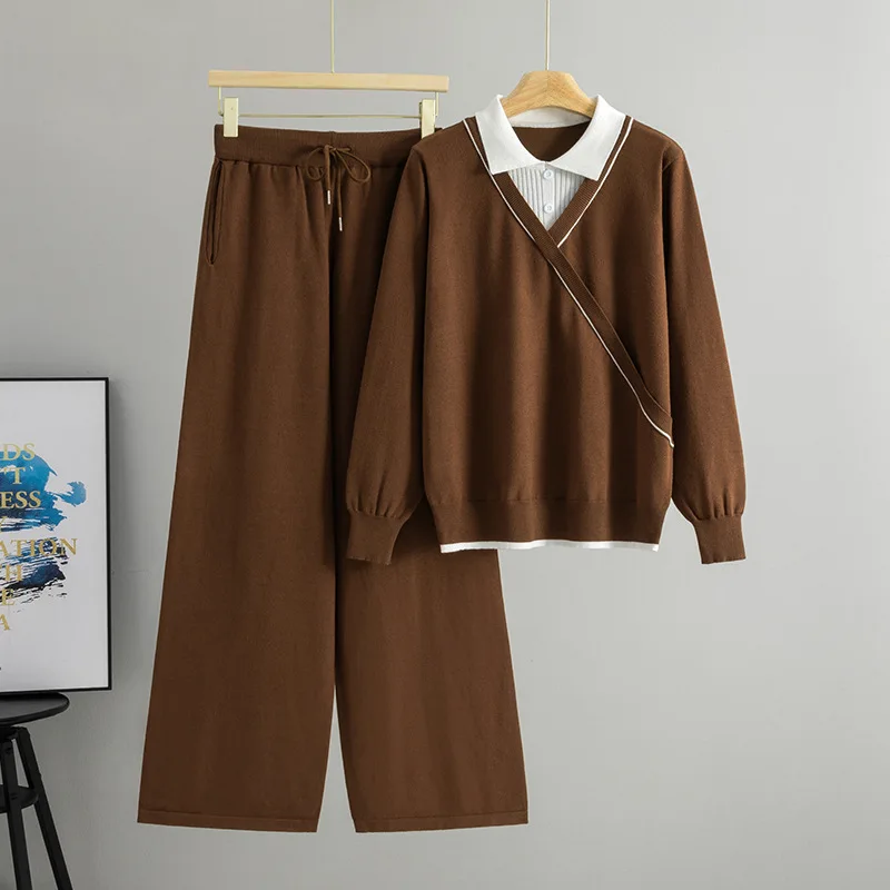 Greenora Business Casual Old Money Quiet Luxury Women Polo Neck Knit Top Wide Leg Pants 2 Piece Set Dubai Style